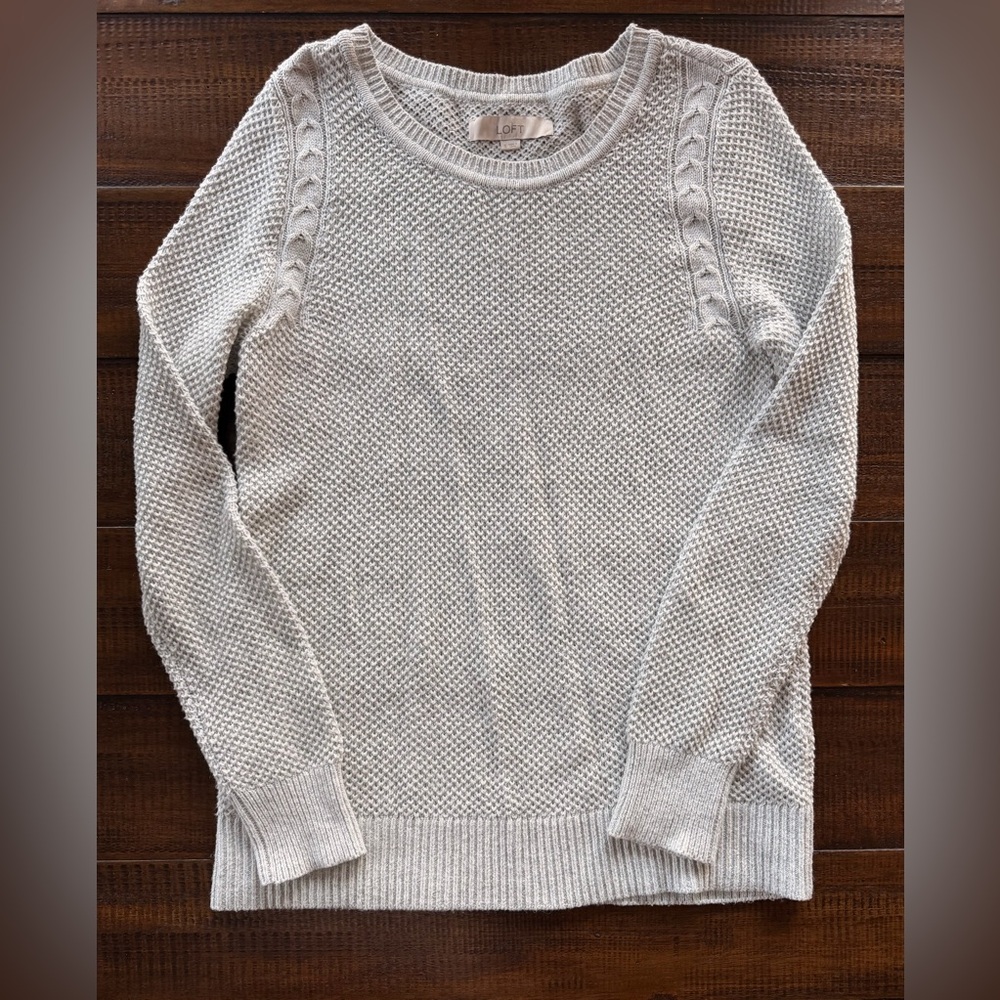 LOFT light grey Textured Cable-Accent Crewneck Sweater